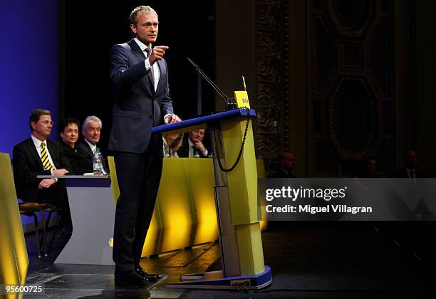 Christian Lindner, new secretary general of Germany's Free Democratic Party , addresses the audience during the FDP Ephiphany conference on January...