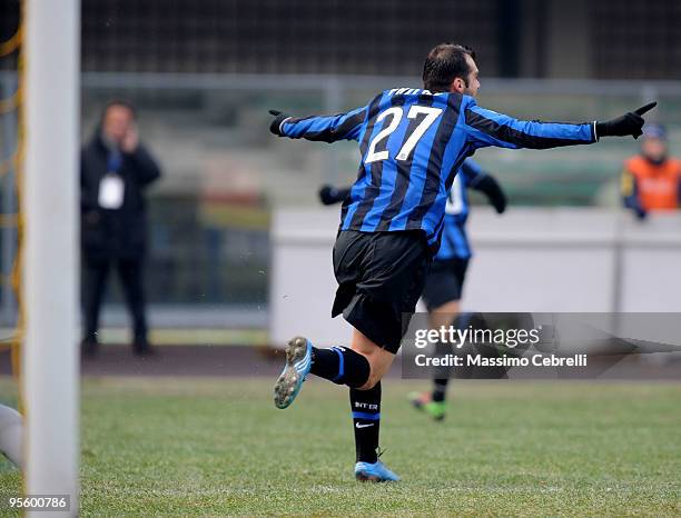 Goran Pandev of FC Inter Milan celebrates scoring the opening goal during the Serie A match between AC Chievo Verona and FC Inter Milan at Stadio...