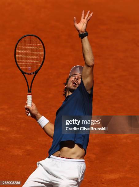 Pablo Cuevas of Argentina serves against Jack Sock of the United States in their first round match during day four of the Mutua Madrid Open tennis...