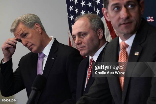 House Majority Leader Rep. Kevin McCarthy , House Majority Whip Rep. Steve Scalise , and Speaker of the House Rep. Paul Ryan attend a news conference...