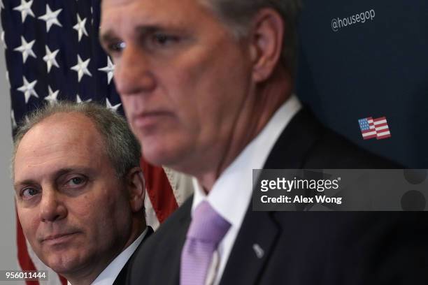 House Majority Leader Rep. Kevin McCarthy speaks as House Majority Whip Rep. Steve Scalise looks on during a news conference May 8, 2018 at the U.S....