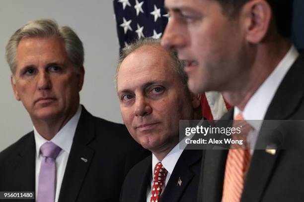 House Majority Leader Rep. Kevin McCarthy , House Majority Whip Rep. Steve Scalise , and Speaker of the House Rep. Paul Ryan attend a news conference...