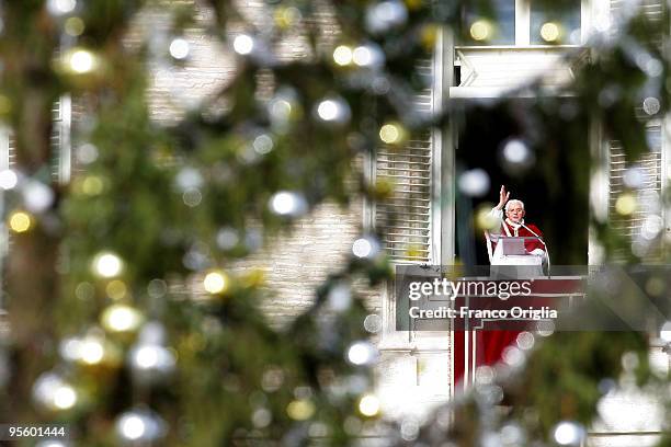 Pope Benedict XVI holds his sunday angelus blessing in St. Peter's Square during the solemnity of the Epiphany on January 6, 2010 in Vatican City,...