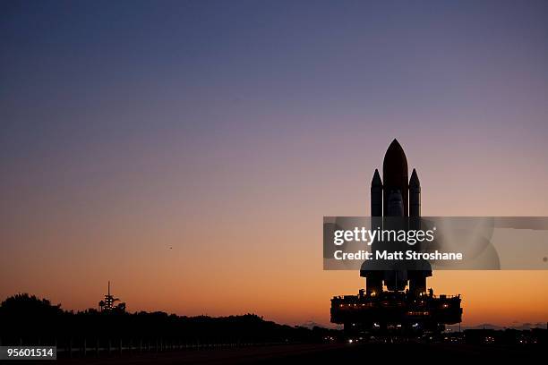 Space Shuttle Endeavour rolls to launch pad 39-a at the Kennedy Space Center, January 6 in Cape Canaveral, Florida. Endeavour is scheduled to launch...