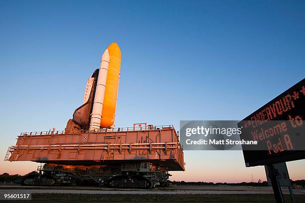 Space Shuttle Endeavour rolls to launch pad 39-a at the Kennedy Space Center, January 6 in Cape Canaveral, Florida. Endeavour is scheduled to launch...