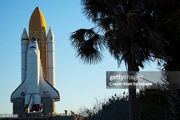 Space Shuttle Endeavour rolls to launch pad 39-a at the Kennedy Space Center, January 6 in Cape Canaveral, Florida. Endeavour is scheduled to launch...