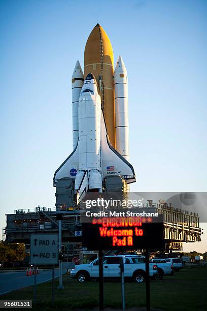 Space Shuttle Endeavour rolls to launch pad 39-a at the Kennedy Space Center, January 6 in Cape Canaveral, Florida. Endeavour is scheduled to launch...