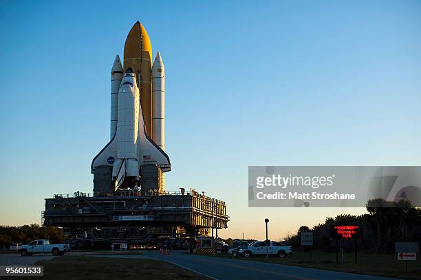 Space Shuttle Endeavour rolls to launch pad 39-a at the Kennedy Space Center, January 6 in Cape Canaveral, Florida. Endeavour is scheduled to launch...