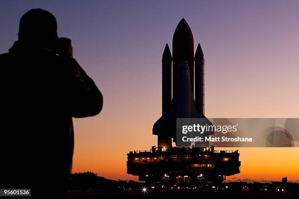 Space Shuttle Endeavour rolls to launch pad 39-a at the Kennedy Space Center, January 6 in Cape Canaveral, Florida. Endeavour is scheduled to launch...