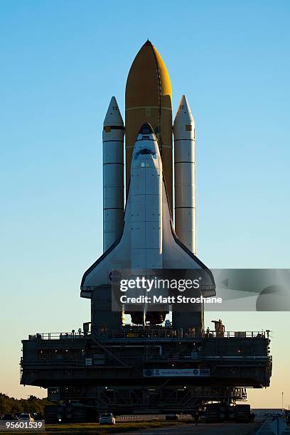 Space Shuttle Endeavour rolls to launch pad 39-a at the Kennedy Space Center, January 6 in Cape Canaveral, Florida. Endeavour is scheduled to launch...