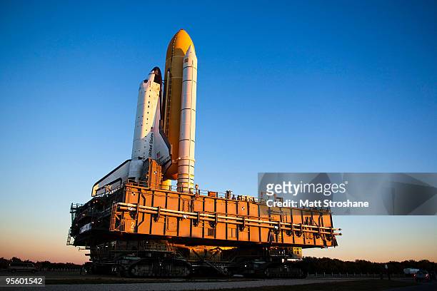 Space Shuttle Endeavour rolls to launch pad 39-a at the Kennedy Space Center, January 6 in Cape Canaveral, Florida. Endeavour is scheduled to launch...