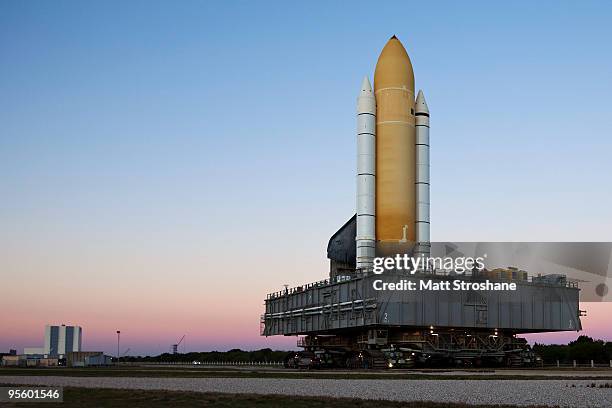 Space Shuttle Endeavour rolls to launch pad 39-a at the Kennedy Space Center, January 6 in Cape Canaveral, Florida. Endeavour is scheduled to launch...