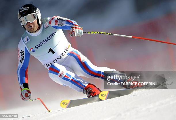 David Poisson of France passes a curve during the second official practice run in the FIS Alpine Skiing World Cup Men's downhill on January 15, 2009...