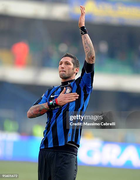 Marco Materazzi of FC Inter Milan celebrates the victory cheering his fans after the Serie A match between AC Chievo Verona and FC Inter Milan at...