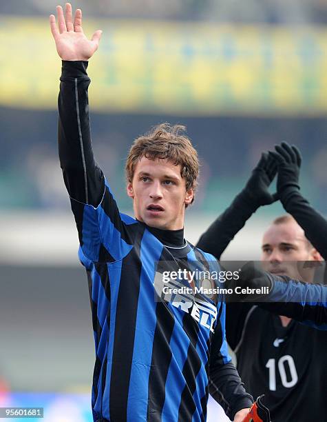 Marko Arnautovic of FC Inter Milan celebrates the victory cheering his fans after the Serie A match between AC Chievo Verona and FC Inter Milan at...