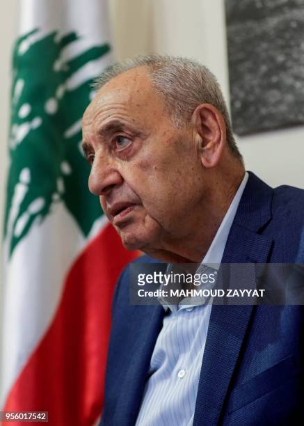Longtime Lebanese Parliament Speaker Nabih Berri gives an interview with AFP in his home on Msaileh, south of the southern port city of Sidon, on May...