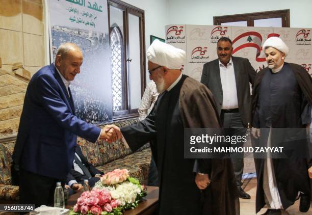 Longtime Lebanese Parliament Speaker Nabih Berri receives incoming Shiite clerics arriving to greet him in his home on Msaileh, south of the southern...