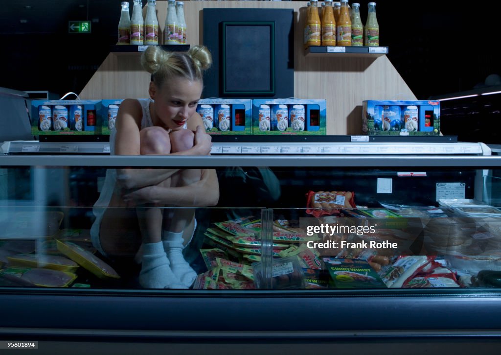 Young woman looking cold in freezer