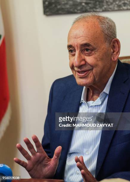 Longtime Lebanese Parliament Speaker Nabih Berri gives an interview with AFP in his home on Msaileh, south of the southern port city of Sidon, on May...