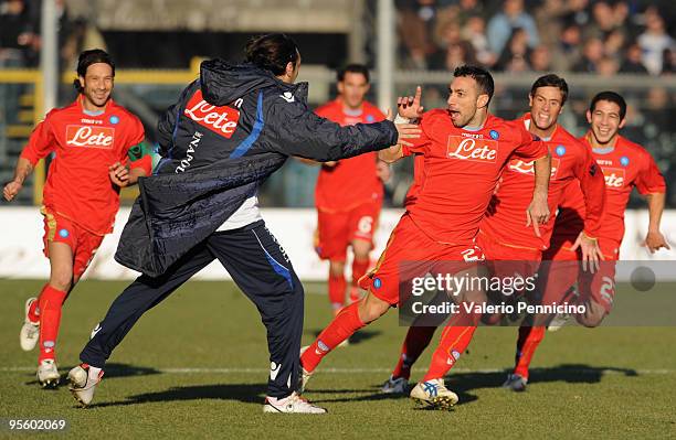 Fabio Quagliarella of SSC Napoli celebrates his goal during the Serie A match between Atalanta BC and SSC Napoli at Stadio Atleti Azzurri d'Italia on...