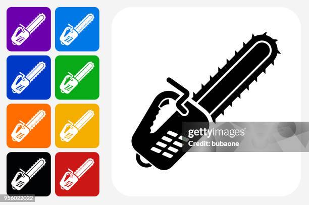 chainsaw icon square button set - chainsaw cutting stock illustrations