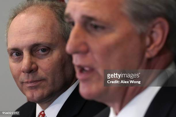 House Majority Leader Rep. Kevin McCarthy speaks as House Majority Whip Rep. Steve Scalise looks on during a news conference May 8, 2018 at the U.S....