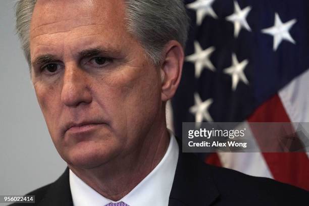 House Majority Leader Rep. Kevin McCarthy listens during a news conference May 8, 2018 at the U.S. Capitol in Washington, DC. House GOP held a...