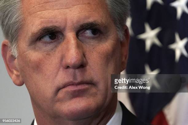 House Majority Leader Rep. Kevin McCarthy listens during a news conference May 8, 2018 at the U.S. Capitol in Washington, DC. House GOP held a...