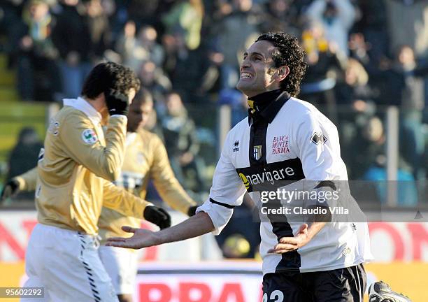 Nicola Amoruso of Parma FC celebrates after the first goal during the Serie A match between Parma and Juventus at Stadio Ennio Tardini on January 6,...