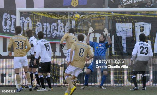 Hasan Salihamidzic of Juventus FC scores the first goal during the Serie A match between Parma and Juventus at Stadio Ennio Tardini on January 6,...