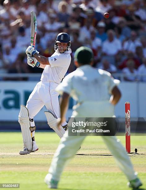 Andrew Strauss of England hits out during day four of the third test match between South Africa and England at Newlands Cricket Ground on January 6,...