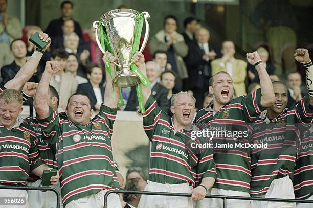 Leicester players celebrate with the trophy after the Heineken Cup Final between Stade Francais and Leicester played at the Parc De Princes in Paris,...