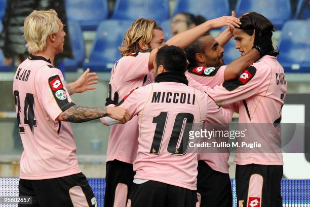 Edinson Cavani of Palermo and his team mates celebrate the opening goal during the Serie A match between UC Sampdoria and US Citta di Palermo at...