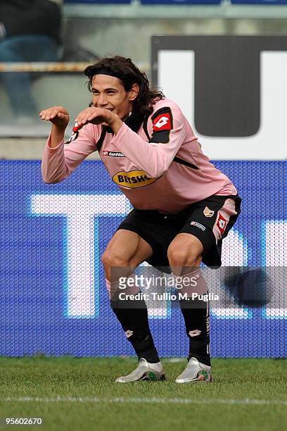 Edinson Cavani of Palermo celebrates the opening goal during the Serie A match between UC Sampdoria and US Citta di Palermo at Stadio Luigi Ferraris...
