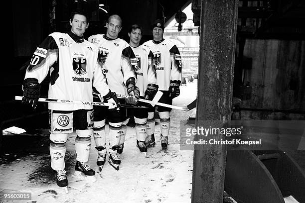 Patrick Hager, Moritz Mueller, Patrick Reimer and Jason Holland of Germany pose during a presentation day due to the IIHW World Championships at the...