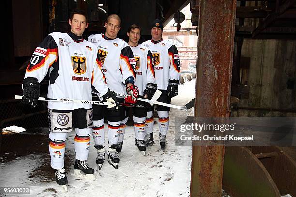 Patrick Hager, Moritz Mueller, Patrick Reimer and Jason Holland of Germany pose during a presentation day due to the IIHW World Championships at the...