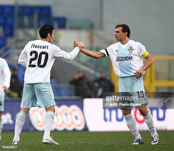 Sergio Floccari and Sebastiano Siviglia of SS Lazio celebrate during the Serie A match between Lazio and Livorno at Stadio Olimpico on January 6,...