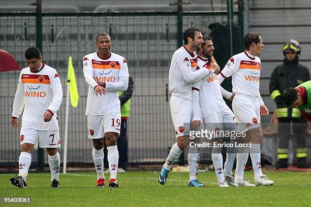 Perrotta Simone Of AS Roma celebrates the goal during the Serie A match between Cagliari and Roma at Stadio Sant'Elia on January 6, 2010 in Cagliari,...