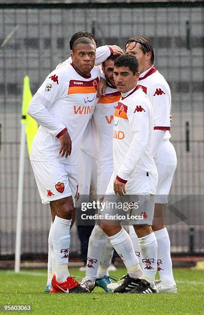 Perrotta Simone Of AS Roma celebrates the goal during the Serie A match between Cagliari and Roma at Stadio Sant'Elia on January 6, 2010 in Cagliari,...