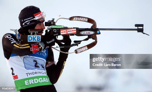 Andrea Henkel of Germany is seen at the shooting range during the Women's 4 x 6km Relay in the e.on Ruhrgas IBU Biathlon World Cup on January 6, 2010...