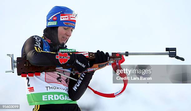 Martina Beck of Germany is seen at the shooting range during the Women's 4 x 6km Relay in the e.on Ruhrgas IBU Biathlon World Cup on January 6, 2010...