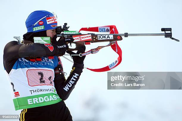 Martina Beck of Germany is seen at the shooting range during the Women's 4 x 6km Relay in the e.on Ruhrgas IBU Biathlon World Cup on January 6, 2010...