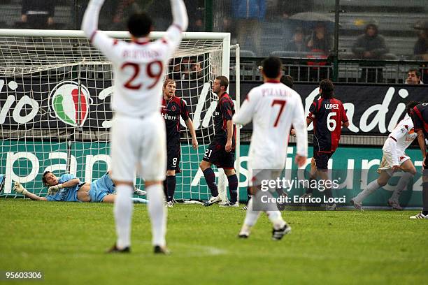 Perrotta Simone Of AS Roma celebrates the goal during the Serie A match between Cagliari and Roma at Stadio Sant'Elia on January 6, 2010 in Cagliari,...