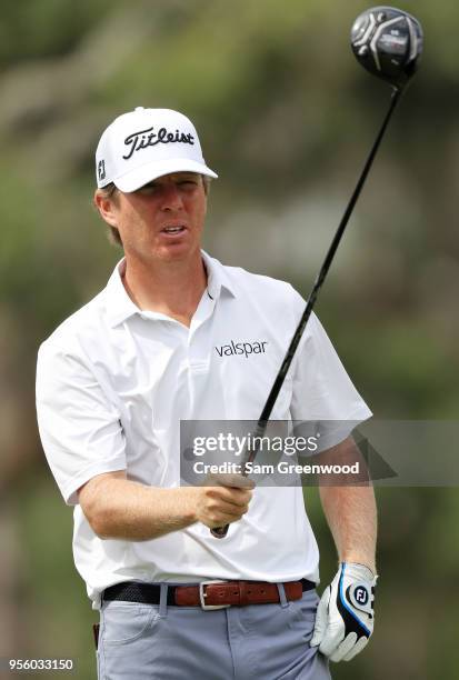 Derek Fathauer of the United States plays a shot during practice rounds prior to THE PLAYERS Championship on the Stadium Course at TPC Sawgrass on...