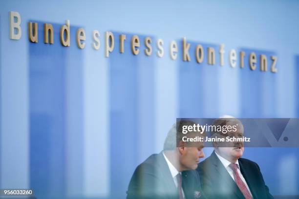 German Interior Minister Horst Seehofer and Interior Minister of the federal state Saxony-Anhalt Holger Stahlknecht are pictured during the...