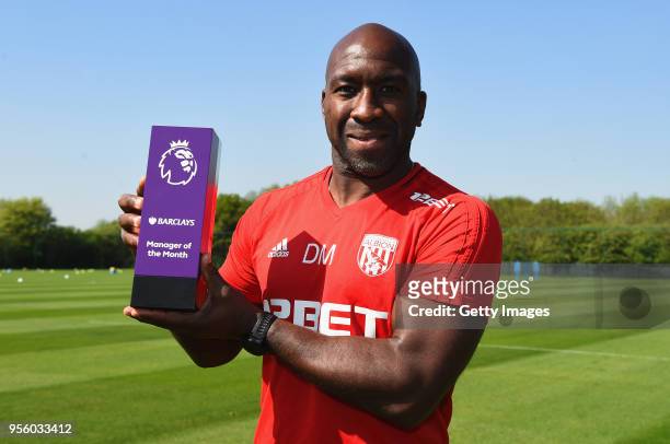 Darren Moore poses with the Barclays Manager of the Month Award - April 2018 at the West Bromwich Albion FC Training Ground on April 17, 2018 in West...