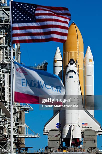 Space Shuttle Endeavour rolls to launch pad 39-A at the Kennedy Space Center January 6, 2010 in Cape Canaveral, Florida. Endeavour and its crew are...