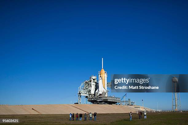 Space Shuttle Endeavour rolls to launch pad 39-A at the Kennedy Space Center January 6, 2010 in Cape Canaveral, Florida. Endeavour and its crew are...