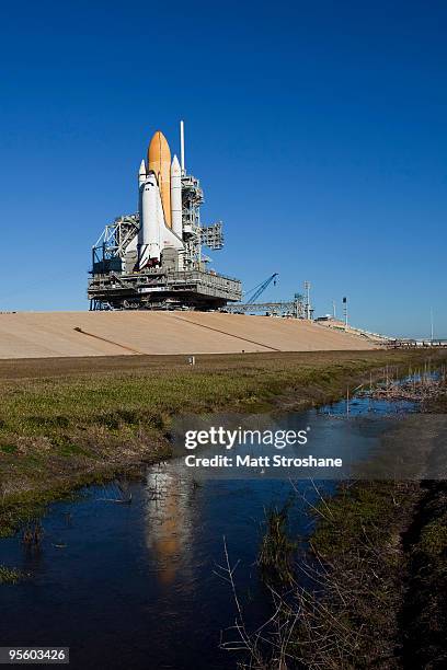 Space Shuttle Endeavour rolls to launch pad 39-A at the Kennedy Space Center January 6, 2010 in Cape Canaveral, Florida. Endeavour and its crew are...