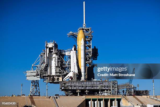 Space Shuttle Endeavour rolls to launch pad 39-A at the Kennedy Space Center January 6, 2010 in Cape Canaveral, Florida. Endeavour and its crew are...